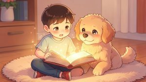 Ein Kind sitzt gemütlich mit seinem Hund auf einem Teppich und liest fasziniert in einem leuchtenden Buch.