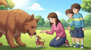 Ein Mädchen kniet auf einer Wiese zwischen einem riesigen und einem winzigen Hund und erklärt einem Jungen die Unterschiede.