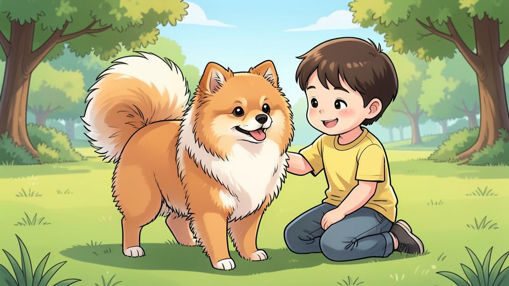 Ein fröhliches Kind spielt an einem sonnigen Tag im Park mit einem sehr flauschigen, mutigen Zwergspitz.