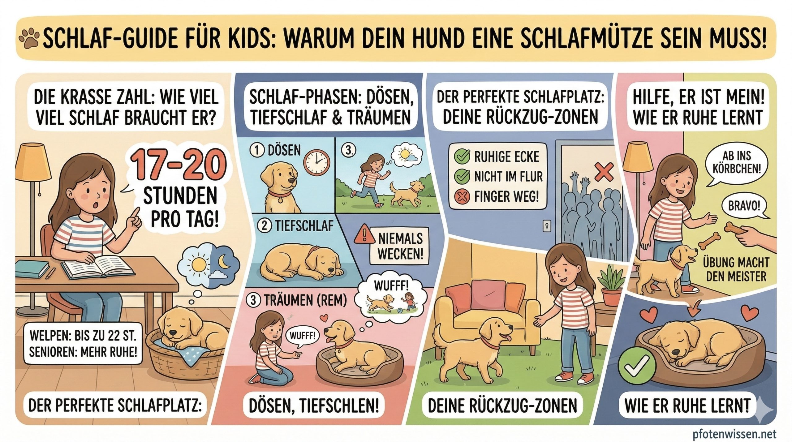 Vierteilige Comic-Illustration für Kinder zum Thema Hundeschlaf: 1. Erklärt die Schlafzeit von 17-20 Stunden. 2. Zeigt die Phasen Dösen, Tiefschlaf und Träumen mit dem Hinweis "Niemals wecken". 3. Zeigt einen ruhigen Schlafplatz abseits vom Trubel. 4. Zeigt ein Mädchen, das den Welpen fürs Ruhen im Körbchen lobt.