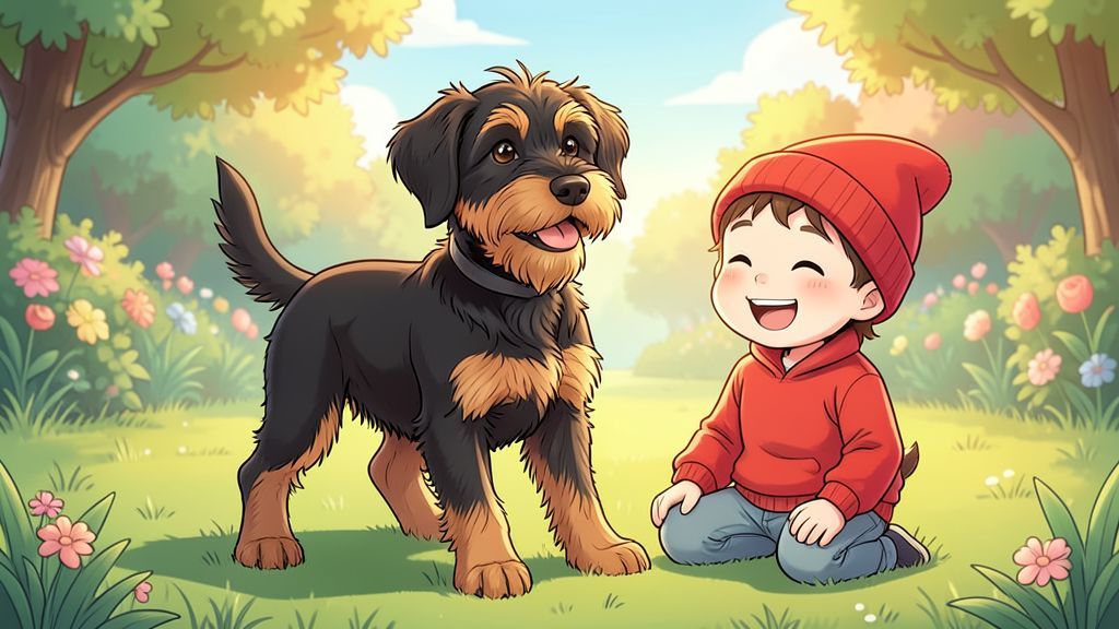 Ein fröhlicher Airedale Terrier Hund spielt in einem sonnigen Garten mit einem Kind.