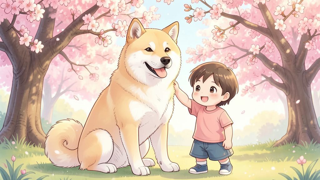Ein flauschiger Akita-Hund sitzt neben einem lächelnden Kind auf einer bunten Blumenwiese unter einem Kirschblütenbaum.