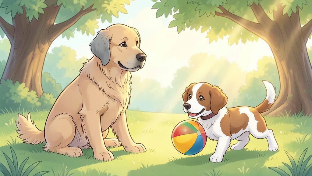 Ein gemütlicher alter Hund mit grauer Schnauze schaut einem jungen Welpen zu, der einen bunten Ball auf der Nase balanciert.