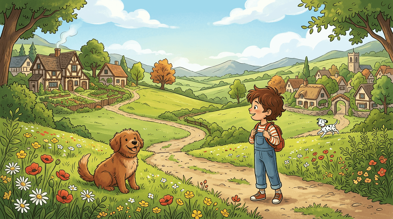 Eine bunte Illustration von zwei verschiedenen Dörfern mit zwei unterschiedlichen, freundlichen Hunden.