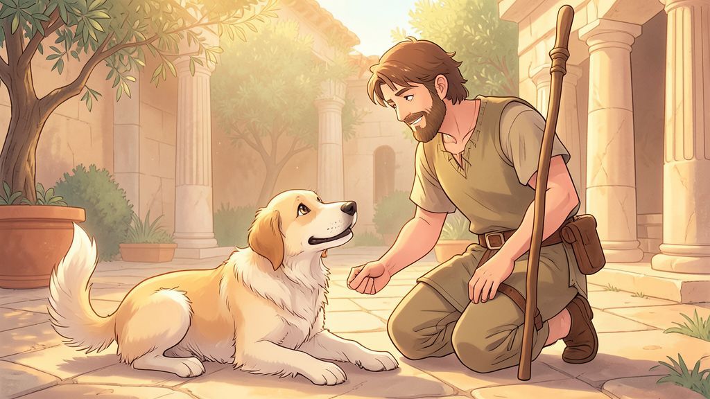 Der alte, treue Hund Argos erkennt seinen verkleideten Freund Odysseus in einem sonnigen Hof im antiken Griechenland wieder.