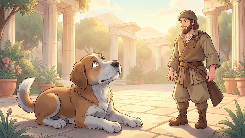 Ein alter, treuer Hund namens Argos blickt freudig zu seinem verkleideten Herrchen Odysseus auf.