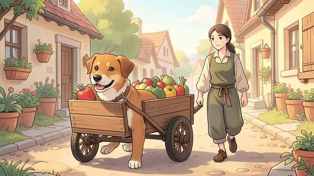 Eine kindgerechte Illustration eines freundlichen Hundes, der einen kleinen Holzkarren zieht, um die Bedeutung des Sprichworts zu erklären.