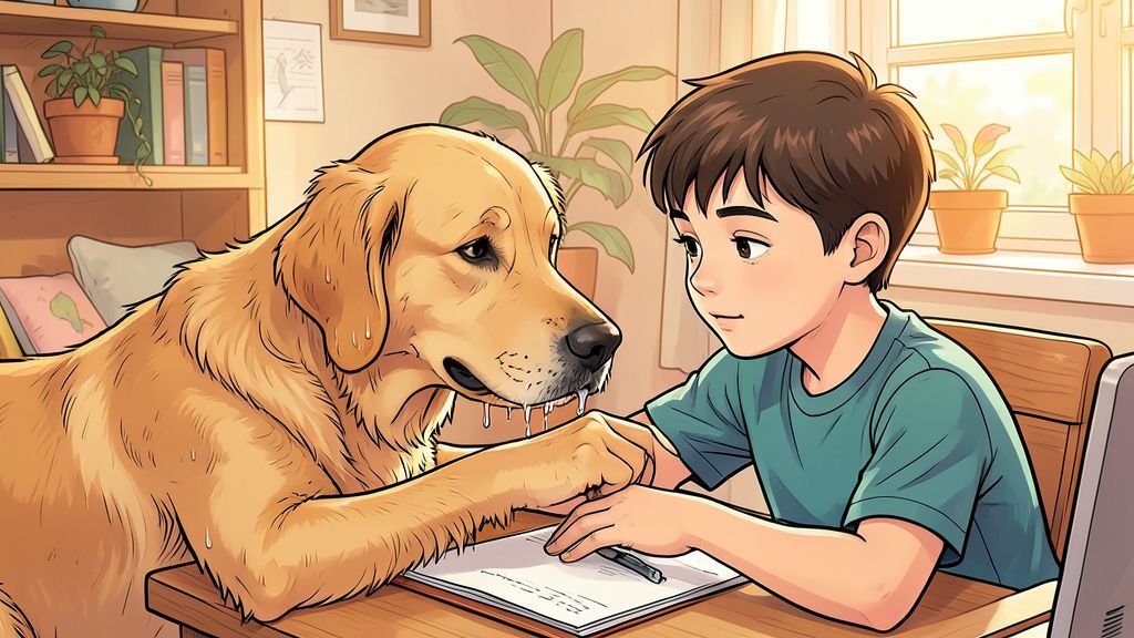 Ein heller Hund stupst ein Kind vorsichtig am Arm an, um es zu warnen