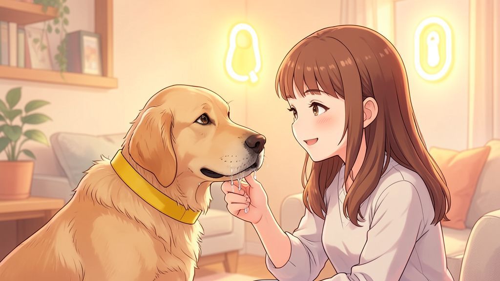Ein aufmerksamer Golden Retriever trägt eine gelbe Weste und stupst ein Mädchen sanft mit der Nase an, während im Hintergrund eine Türklingel leuchtet.