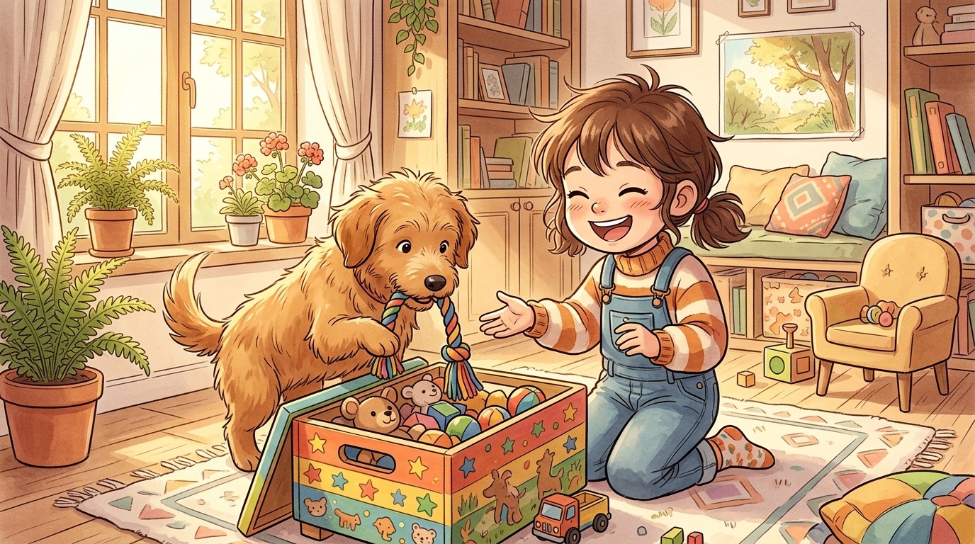 Ein glückliches Kind kniet neben einer bunten Kiste und belohnt einen Hund, der sein Spielzeug hineinlegt.