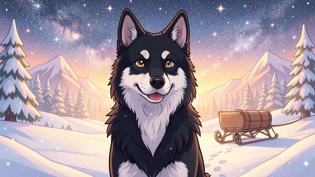Eine kindgerechte Illustration von Balto, dem tapferen Schlittenhund, der stolz in einer verschneiten Winterlandschaft steht.