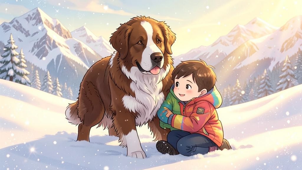 Ein freundlicher Bernhardiner namens Barry rettet ein Kind im glitzernden Schnee der Alpen.