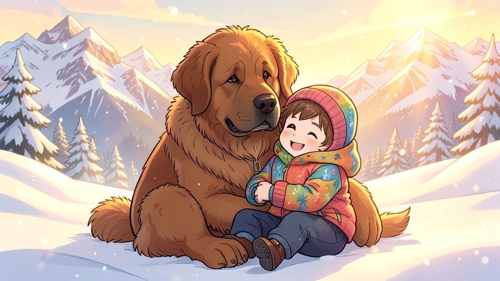 Ein großer, freundlicher Bernhardiner namens Barry wärmt ein lächelndes Kind im tiefen Schnee der Berge.