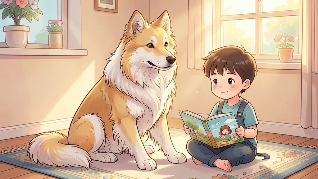 Eine liebevolle Illustration eines Barsoi-Hundes, der ruhig neben einem Kind im Kinderzimmer sitzt.