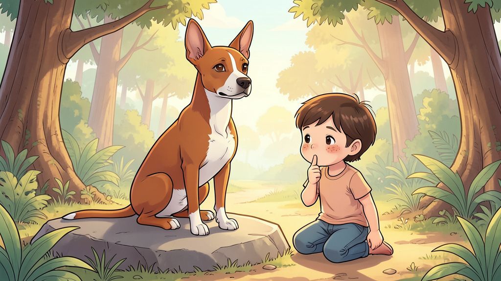 Eine wunderschöne Kinderbuch-Illustration eines Basenjis, der geheimnisvoll in einem sonnigen Wald sitzt.