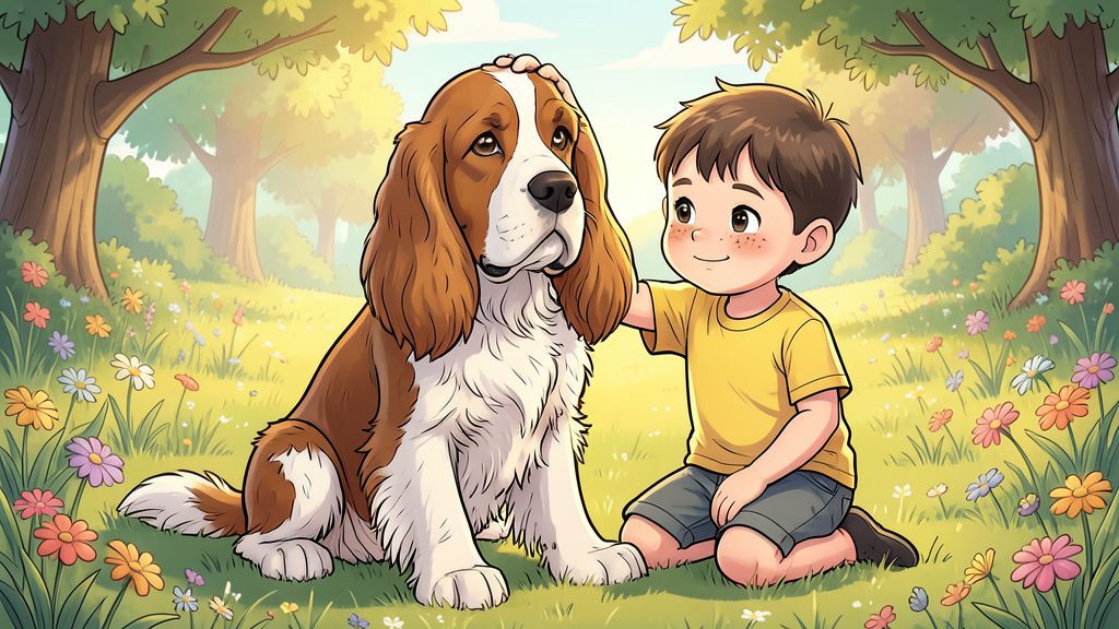 Ein gemütlicher Basset Hound mit langen Ohren sitzt neben einem lachenden Kind auf einer sonnigen Wiese.