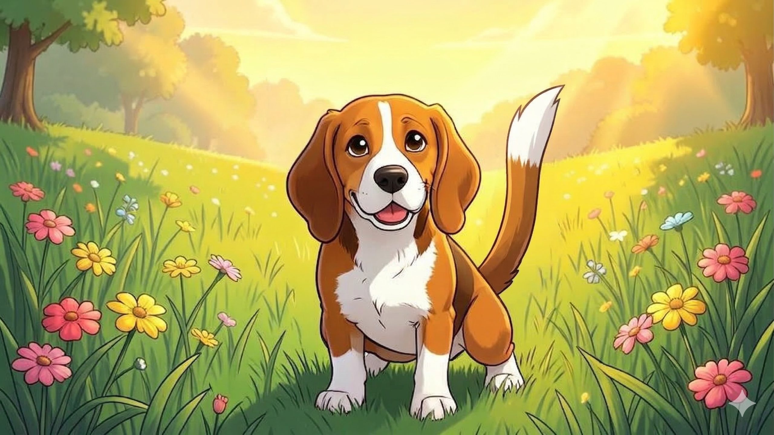 Ein fröhlicher Beagle-Hund im hohen Gras, dessen Schwanz mit der markanten weißen Spitze wie eine Antenne nach oben ragt.