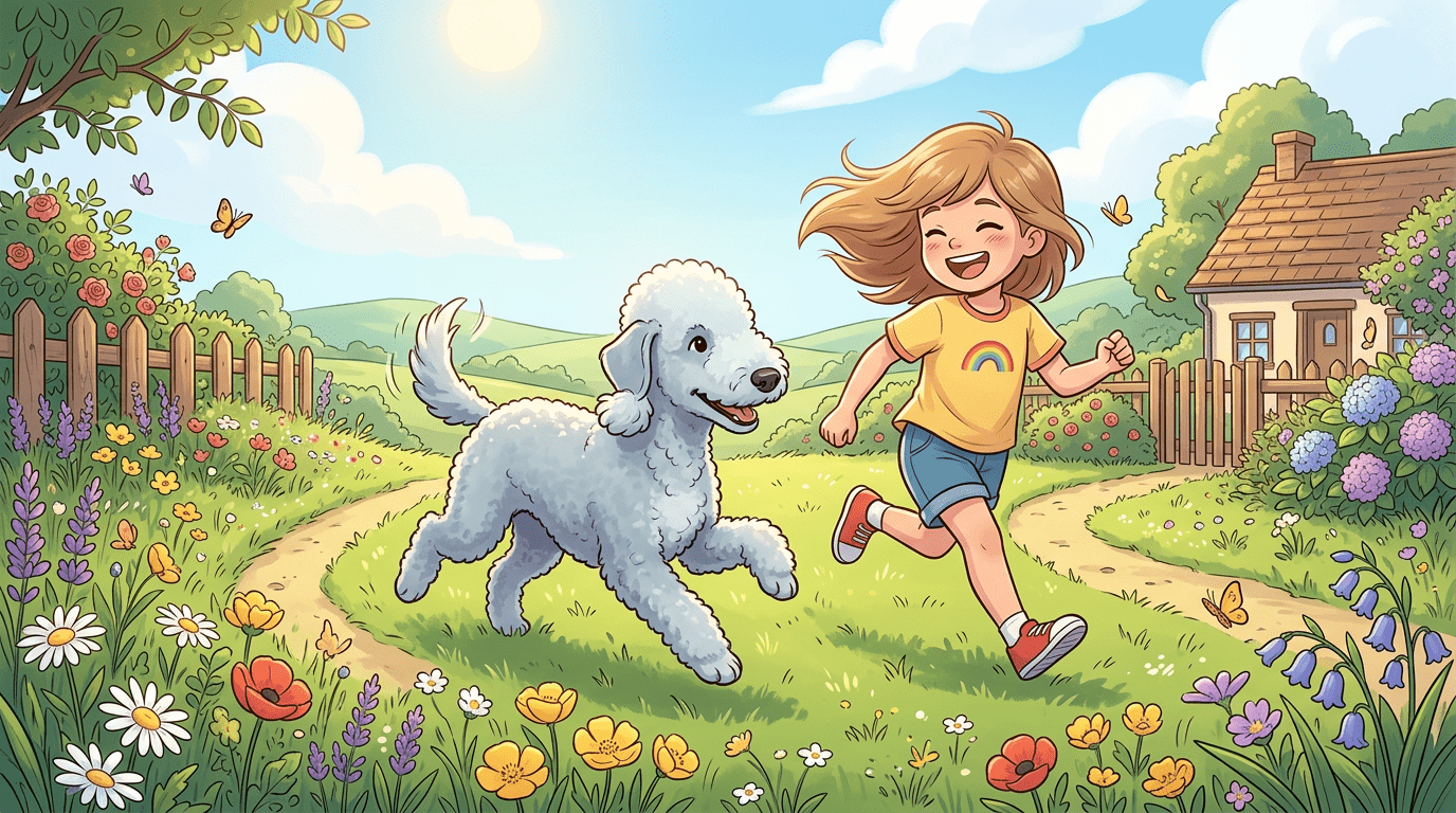 Ein flauschiger, hellgrauer Bedlington Terrier mit lockigem Fell läuft fröhlich neben einem lachenden Kind über eine grüne Wiese.