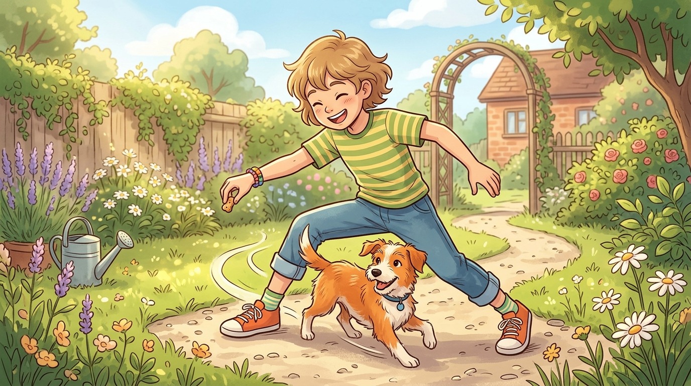 Ein glückliches Kind führt seinen Hund beim Beinslalom-Parcours im Zickzack durch die eigenen Beine.