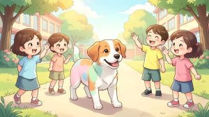 Ein lustiger Hund mit bunten Fellflecken wird in einem Park von vielen fröhlichen Kindern gegrüßt.