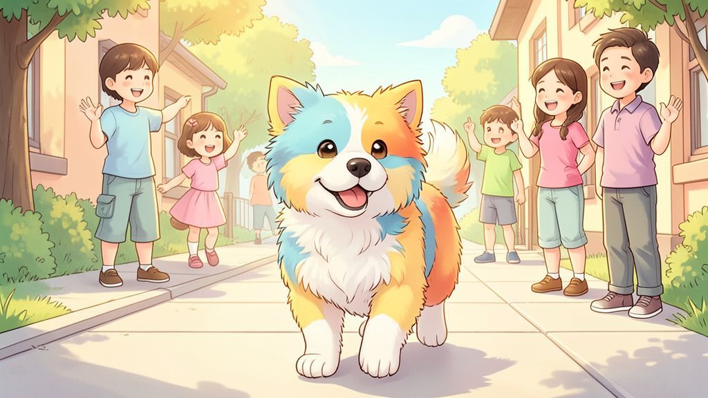 Eine fröhliche Kinderbuch-Illustration eines flauschigen Hundes mit bunten Fellflecken in Blau, Gelb und Rot, der stolz durch eine belebte Stadtstraße läuft.