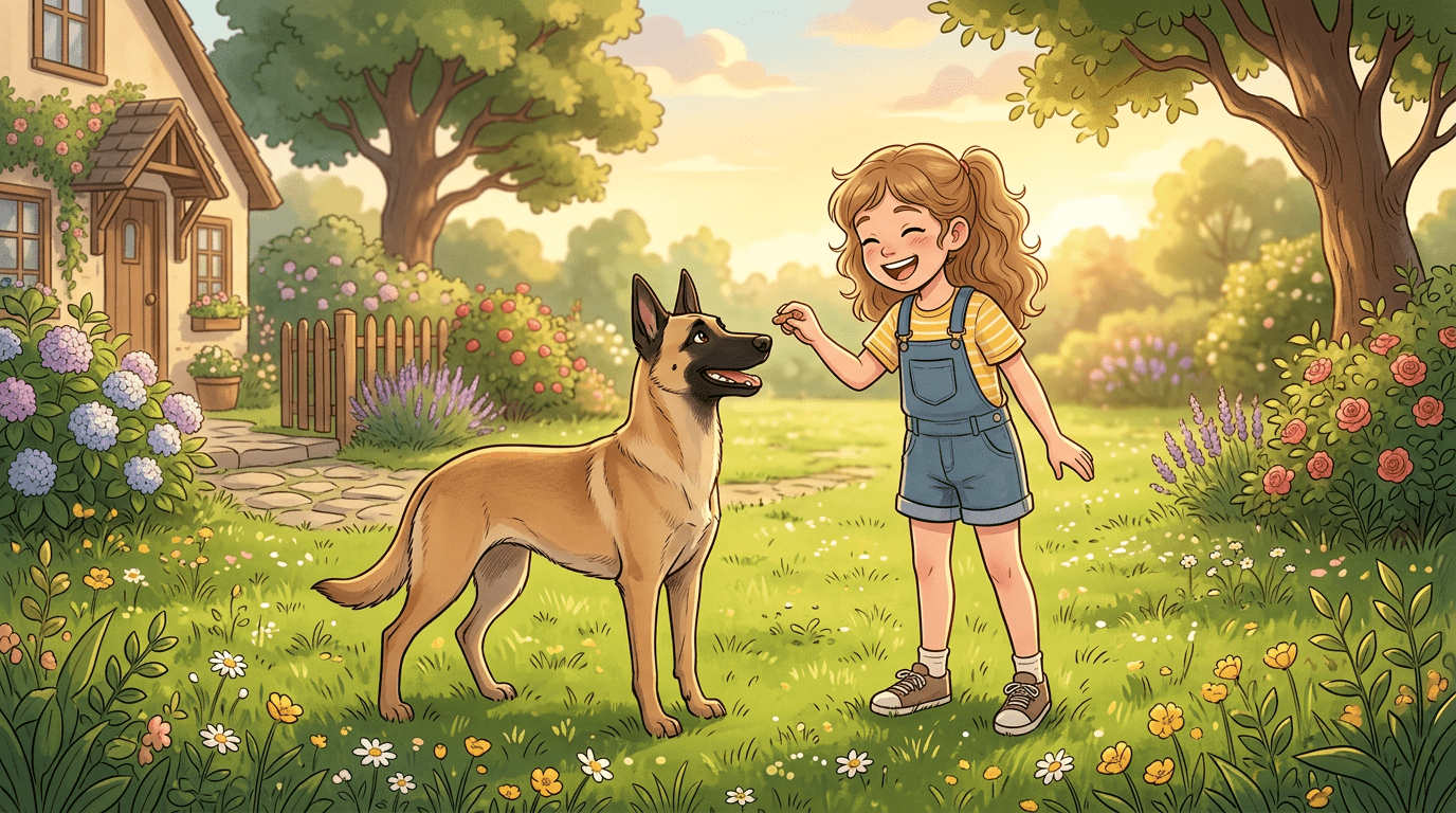 Ein sportlicher Belgischer Schäferhund (Malinois) spielt freudig mit einem Kind auf einer sonnigen Wiese.