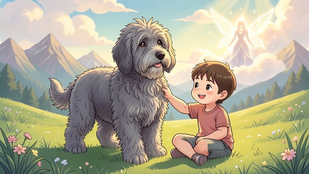 Ein zotteliger Bergamasker Hirtenhund mit dickem Wollfell steht neben einem lachenden Kind auf einer Almwiese.