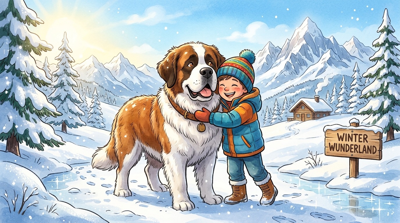 Illustration eines großen Bernhardiners im Schnee neben einem Kind in Winterkleidung.