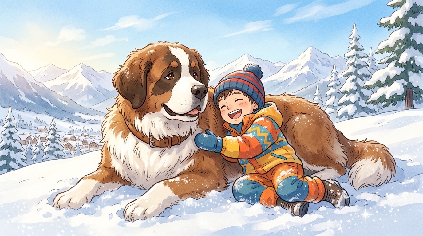 Ein großer, freundlicher Bernhardiner-Hund liegt im weichen Schnee neben einem Kind und wärmt es.