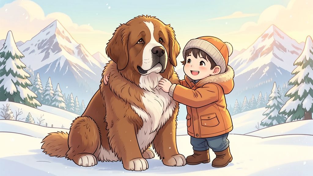 Eine kindgerechte Illustration eines großen, freundlichen Bernhardiners, der im Schnee neben einem lachenden Kind sitzt.