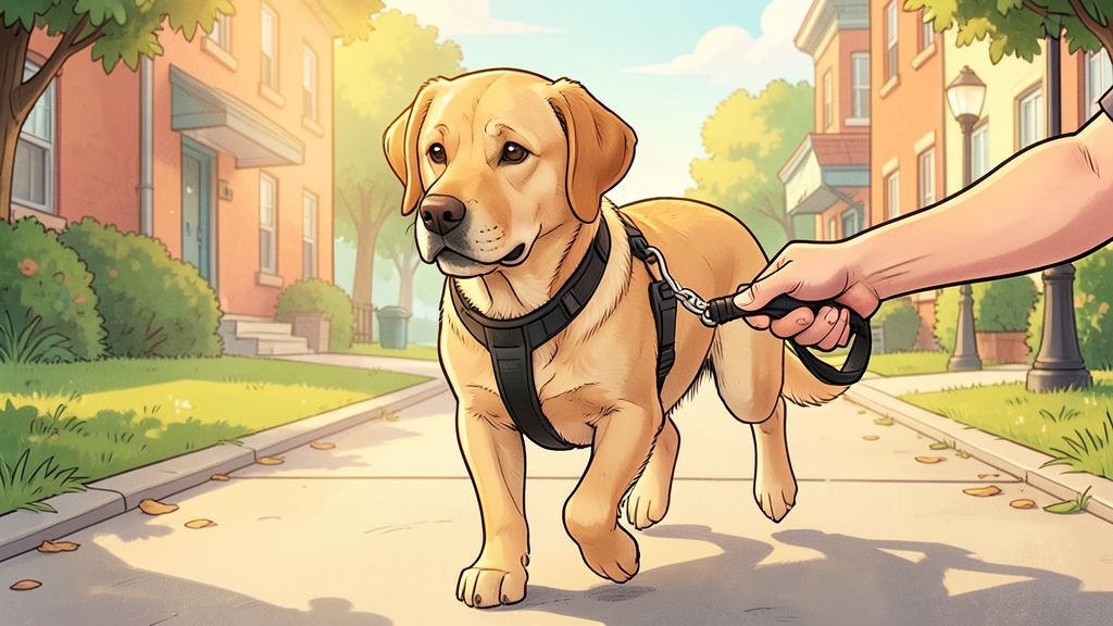 Ein treuer Labrador als Blindenführhund läuft konzentriert mit seinem Besitzer an einem speziellen Führbügel.