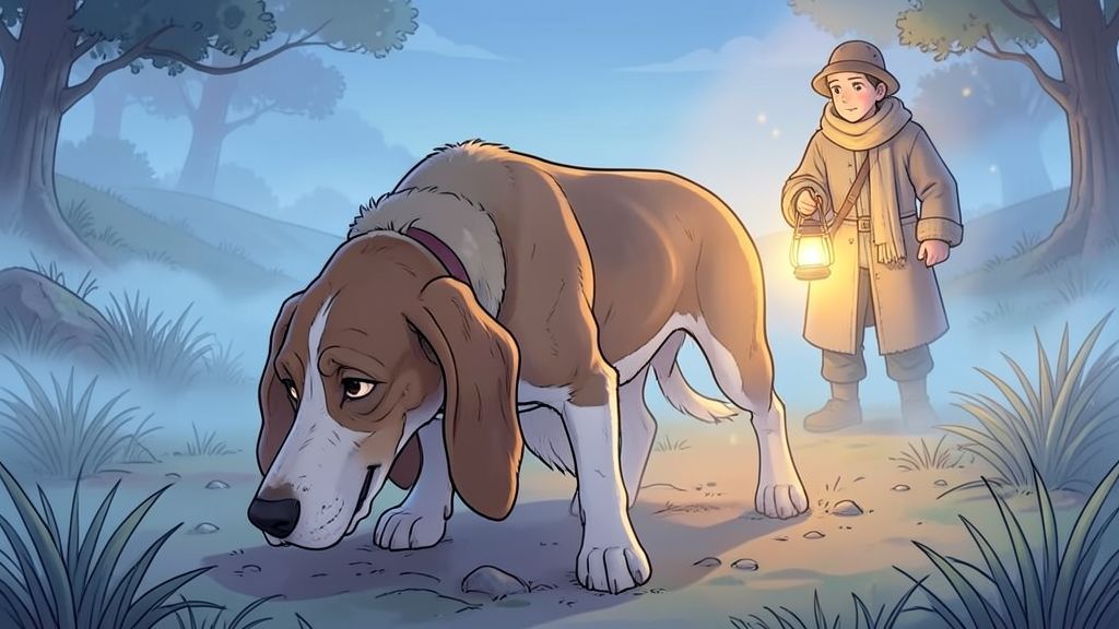 Ein freundlicher Bloodhound mit langen Ohren führt einen Wanderer mit Laterne durch den dichten Nebel.