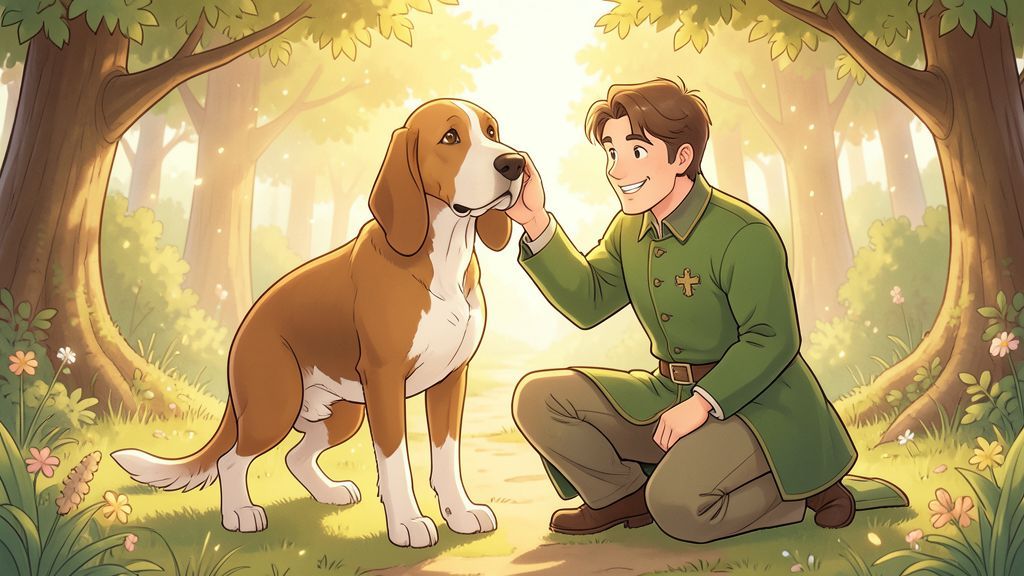 Ein freundlicher Bloodhound mit großen Schlappohren steht neben St. Hubertus in einem sonnendurchfluteten Wald.