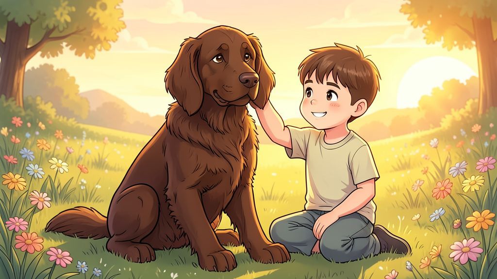 Ein großer, freundlicher Bluthund mit langen Schlappohren sitzt neben einem lachenden Kind auf einer Wiese.