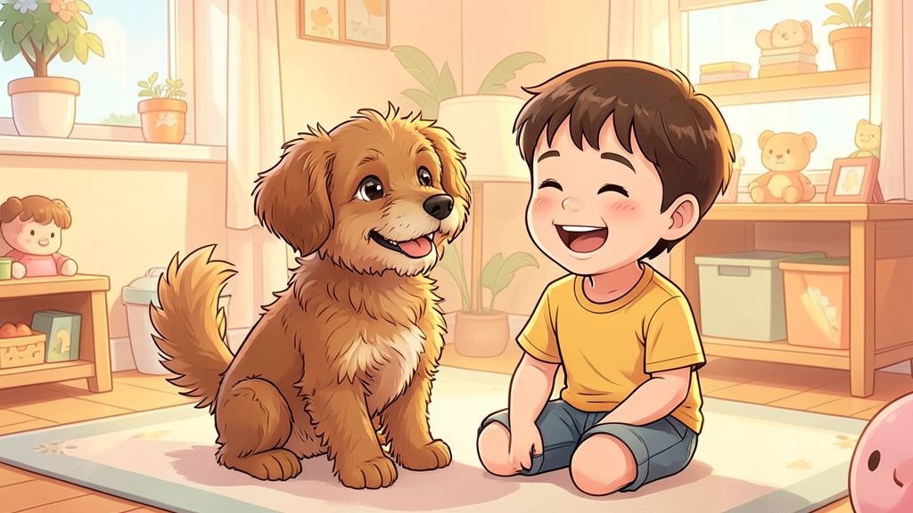 Ein flauschiger, braun-gelockter Bolonka Zwetna Hund sitzt freudig neben einem lachenden Kind auf einem bunten Teppich.