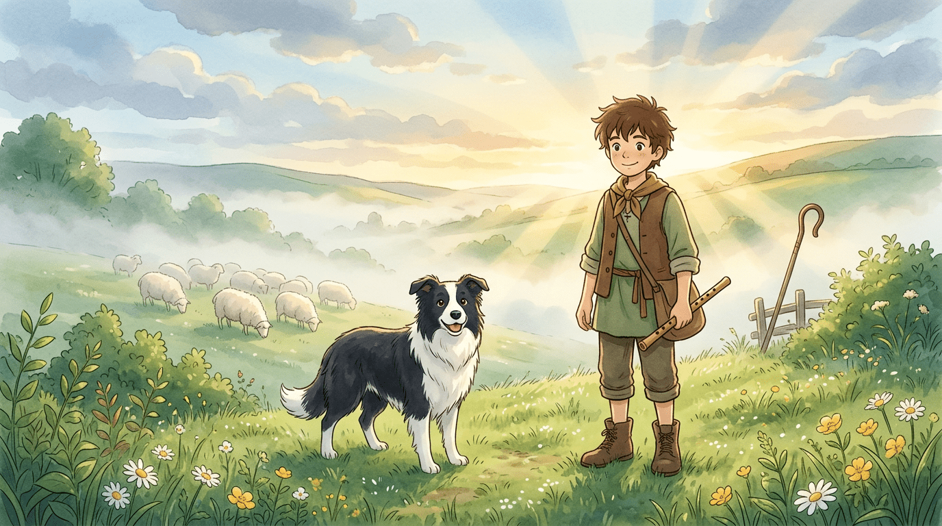 Ein kluger Border Collie und ein junger Hirte stehen gemeinsam auf einem nebligen, grünen Hügel bei einer Schafherde.