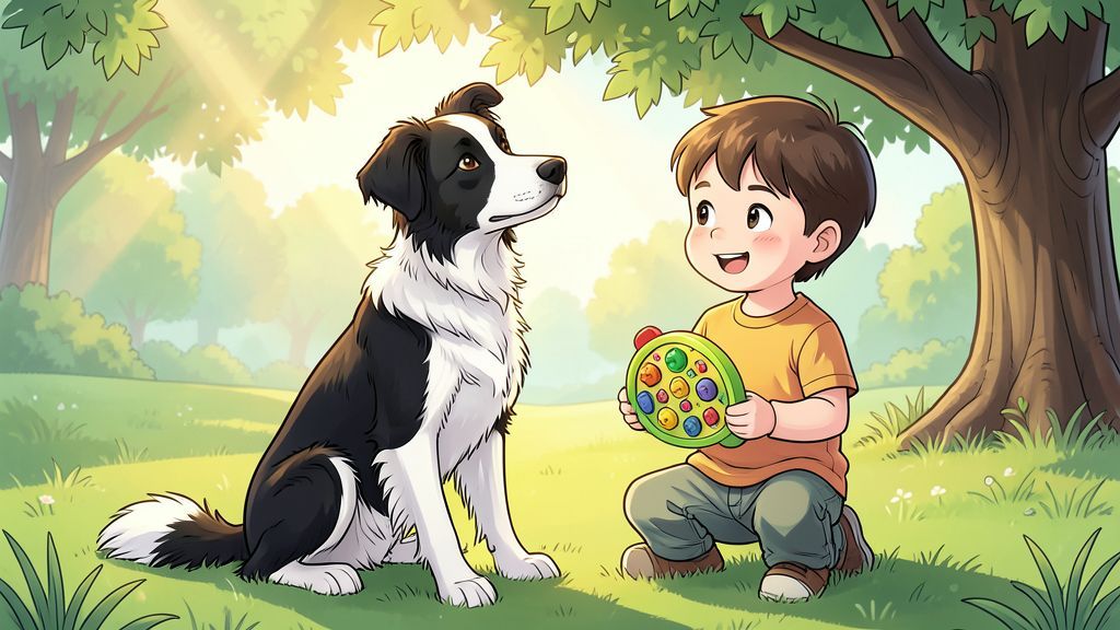 Ein schwarz-weißer Border Collie sitzt aufmerksam auf einer Wiese neben einem spielenden Kind.