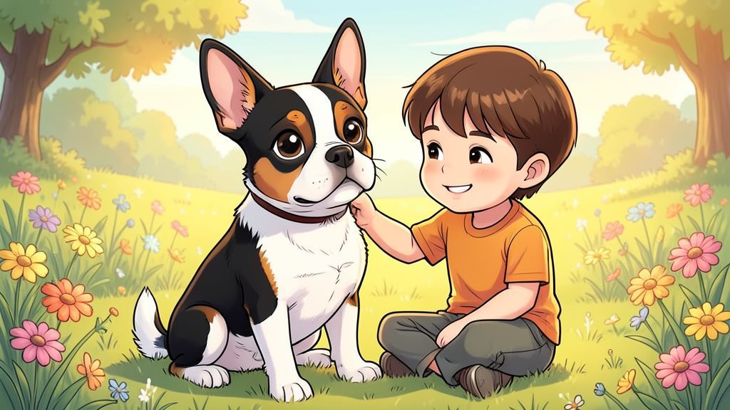 Ein niedlicher Boston Terrier Hund mit schwarz-weißem Fell sitzt fröhlich neben einem Kind auf einer sonnigen Wiese.