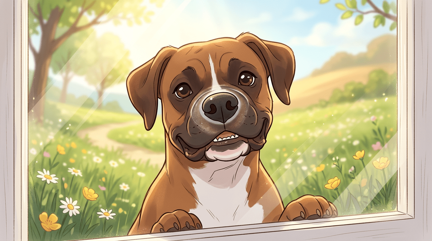 Eine Illustration eines freundlichen Boxers, der seine Nase gegen eine glitzernde Glasscheibe drückt und dabei lustig aussieht.