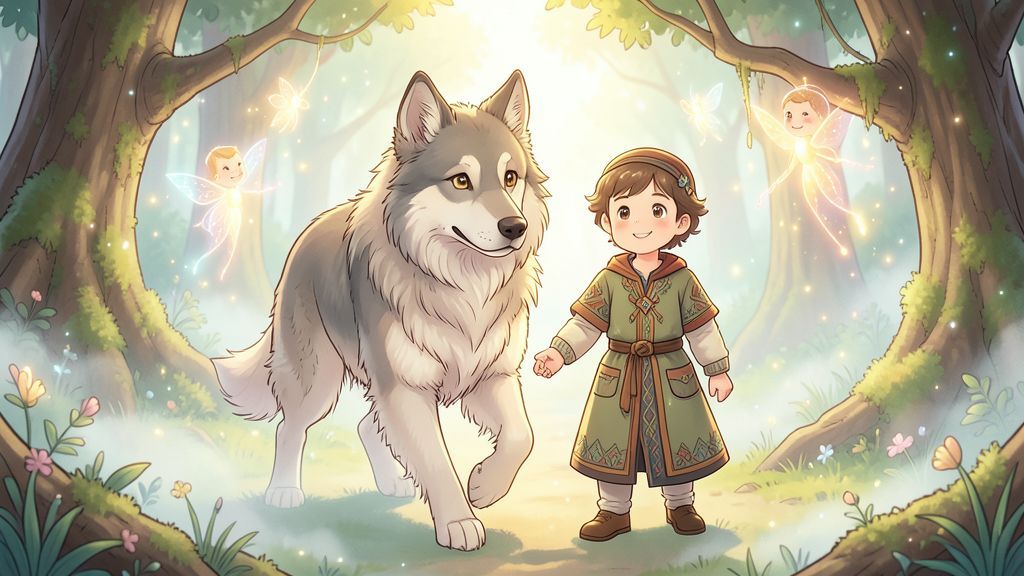 Der große, freundliche Hund Bran führt seinen Freund Fionn sicher durch einen leuchtenden, nebligen Zauberwald.