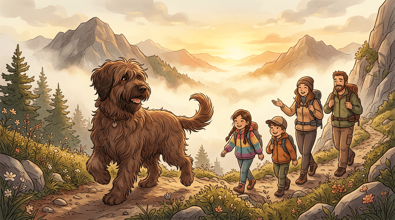 Ein zotteliger brauner Briard führt eine Gruppe Wanderer sicher durch einen nebligen Bergpfad im Sonnenuntergang.