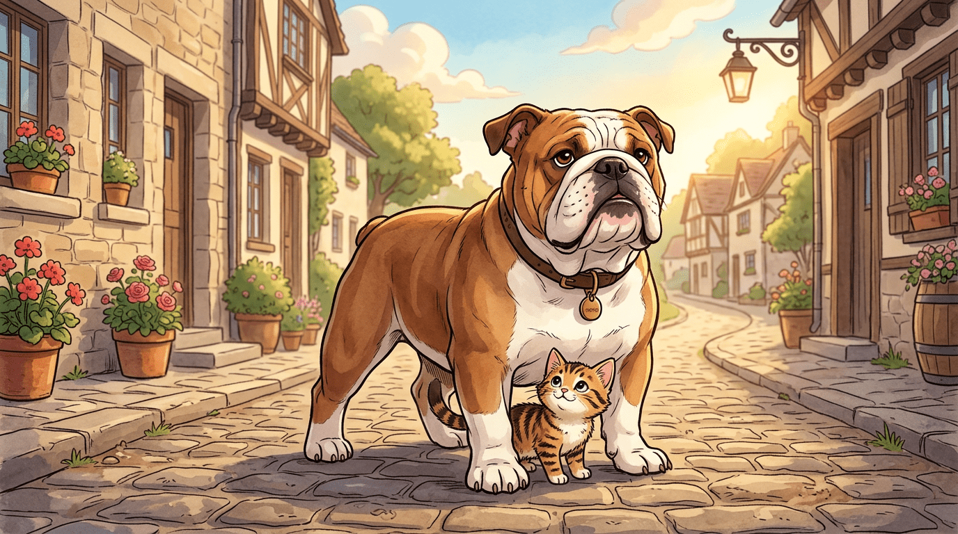 Eine mutige Bulldogge steht schützend vor einem kleinen Kätzchen auf einer historischen Dorfstraße.