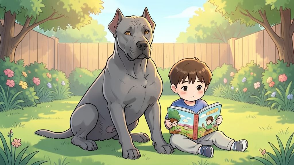 Ein großer, grauer Cane Corso Hund sitzt friedlich in einem Garten neben einem Kind, das ein Buch liest.