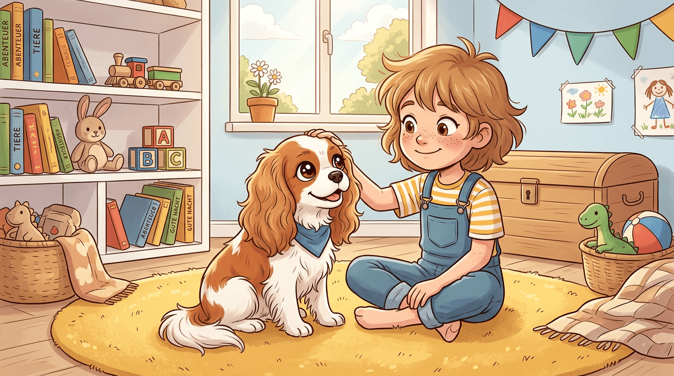 Ein niedlicher Cavalier King Charles Spaniel Hund mit großen Augen und weichen Ohren sitzt neben einem lachenden Kind auf einem Teppich.