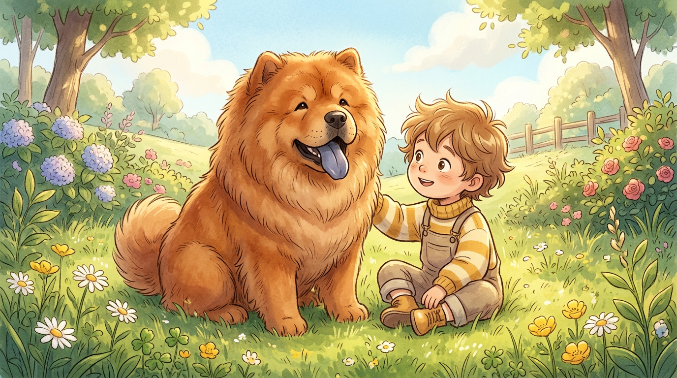 Ein flauschiger Chow-Chow Hund streckt seine blaue Zunge heraus, während ein Kind daneben sitzt.