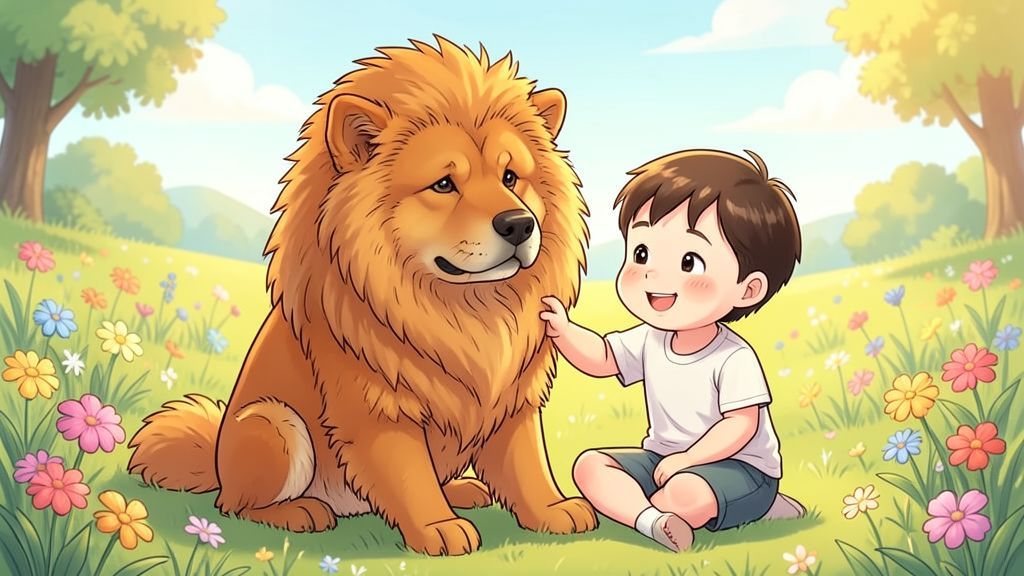 Ein flauschiger Chow-Chow Hund mit einer Mähne wie ein Löwe sitzt neben einem lächelnden Kind auf einer bunten Blumenwiese.