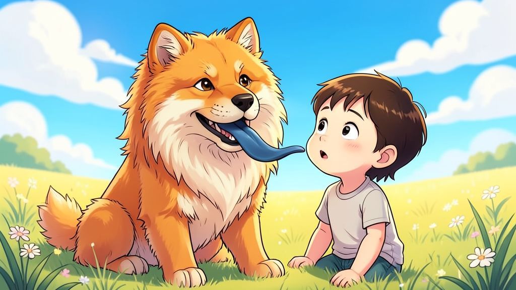 Ein flauschiger, löwenähnlicher Chow-Chow Hund sitzt auf einer Wiese und zeigt stolz seine blaue Zunge, während ein Kind staunend daneben hockt.