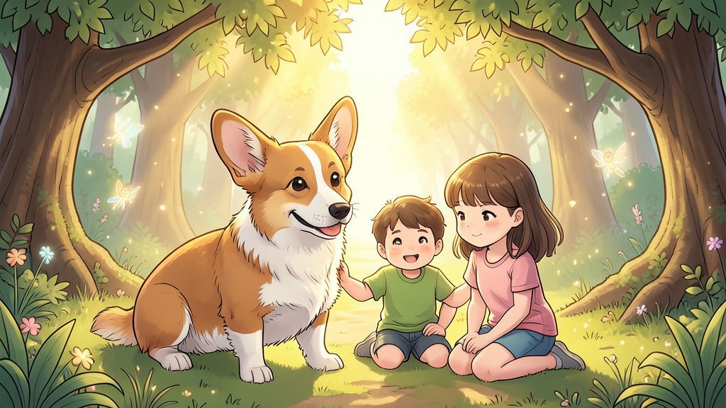 Zwei freundliche Corgis stehen in einem leuchtenden Zauberwald neben zwei glücklichen Kindern.