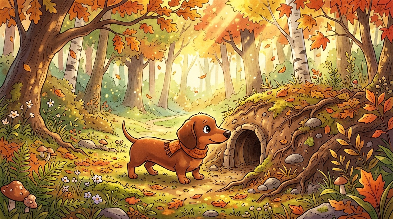 Eine freundliche Illustration eines Dackels, der neugierig vor einem Eingang zu einem Tierbau im Wald steht.