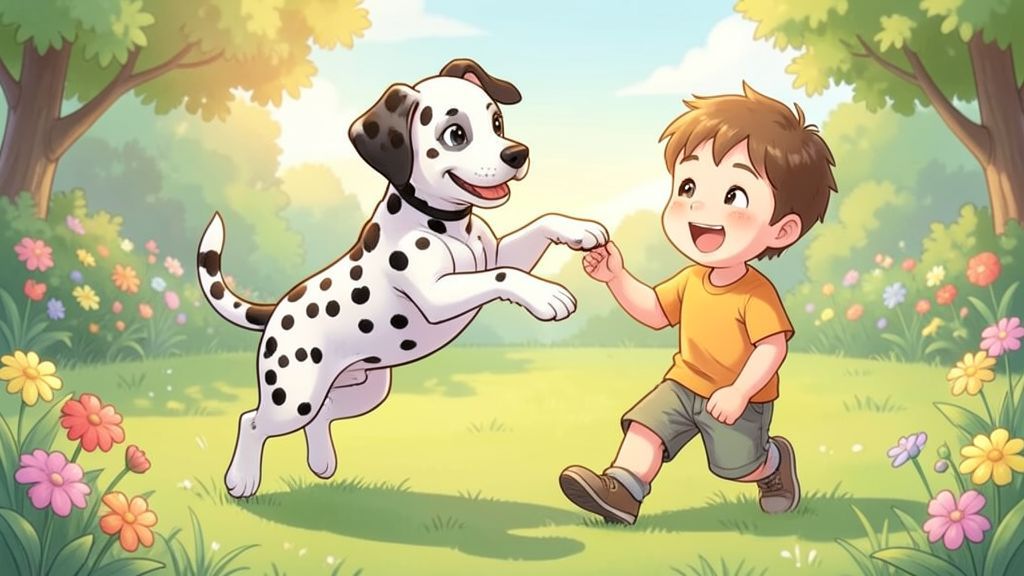 Ein fröhlicher Dalmatiner mit schwarzen Punkten spielt im Garten mit einem Kind.